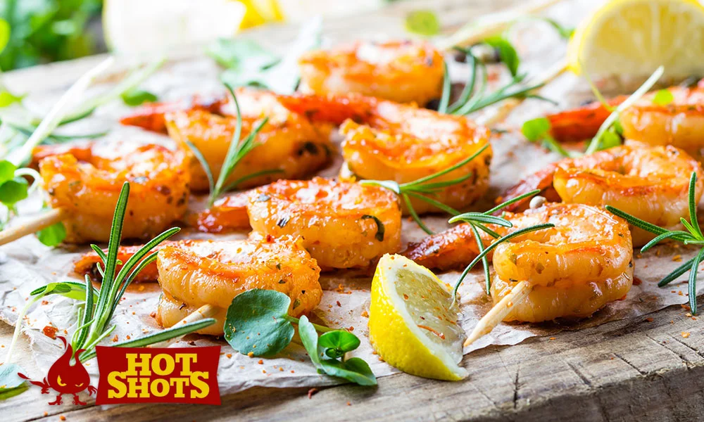 Skewered grilled prawns, Hot Shots recipe