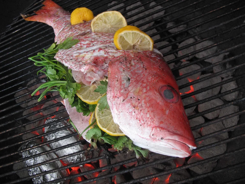Grilled whole red snapper on asparagus, Hot Shots recipe